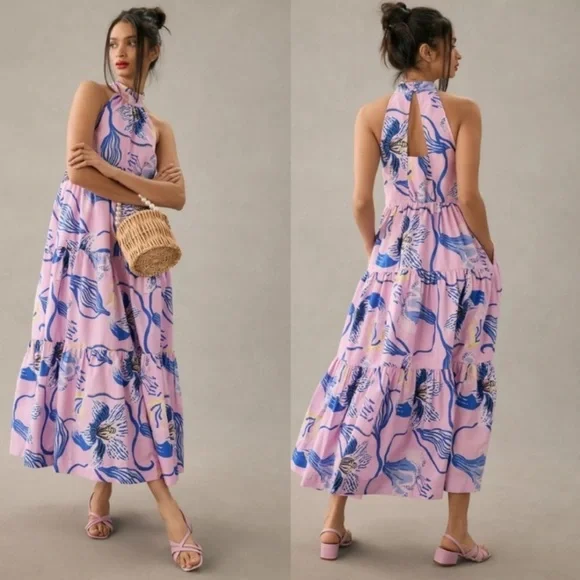Anthro x Sarah Gordon tiered halter midi dress in lavender lilac blue floral - Picture 1 of 11